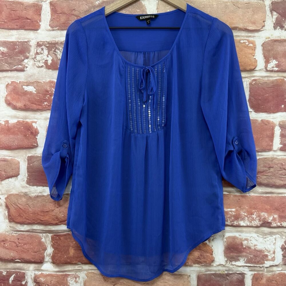 Express Top Women's Small Petite Blue Chiffon Sequin Accent Sheer Tie Neck Shirt